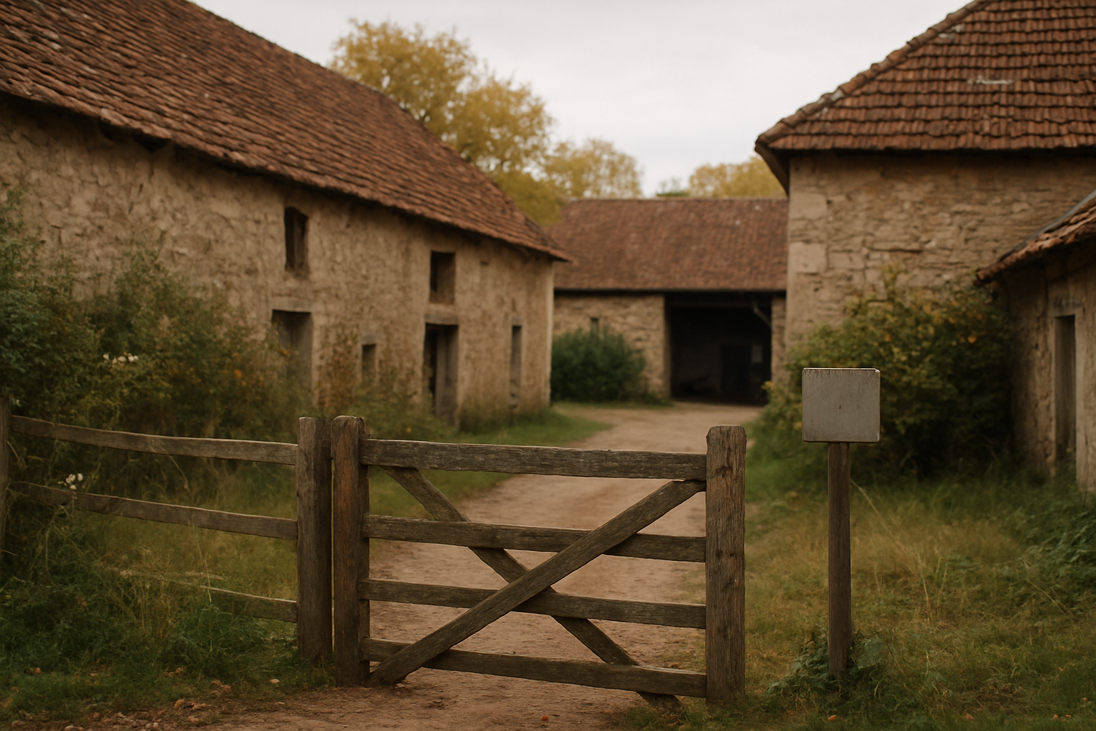 Cour de ferme rurale en France avec bâtiments agricoles à l’abandon, clôture partiellement fermée et panneau d’information, lumière d’automne réaliste