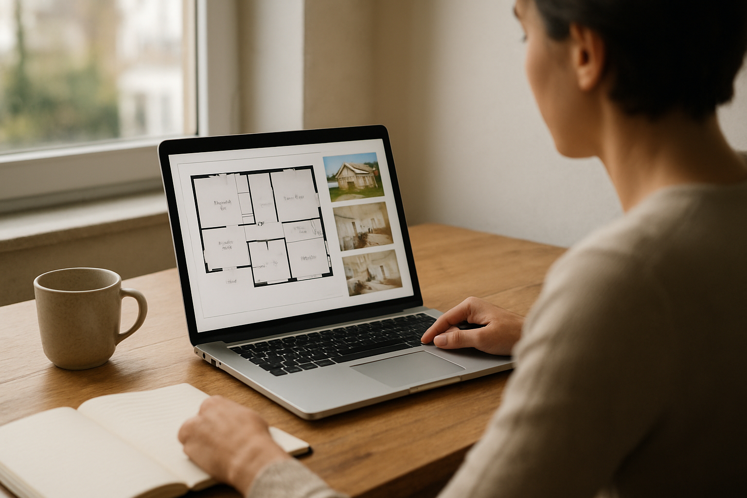 Salle de travail à domicile : ordinateur affichant un plan de réaménagement et un dossier photos, lumière naturelle, style photo réaliste