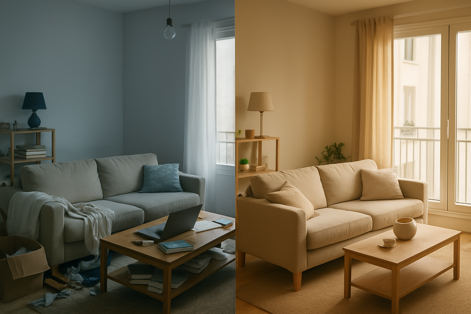 Avant-après home staging : salon réaménagé avec lumière naturelle, mobilier harmonisé, style photo réaliste
