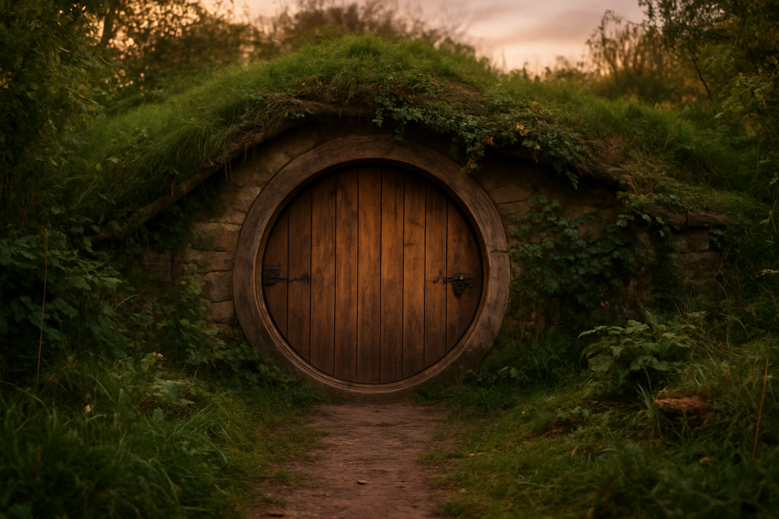 Maison hobbit semi-enterrée avec porte arrondie et végétation, vue extérieure au crépuscule