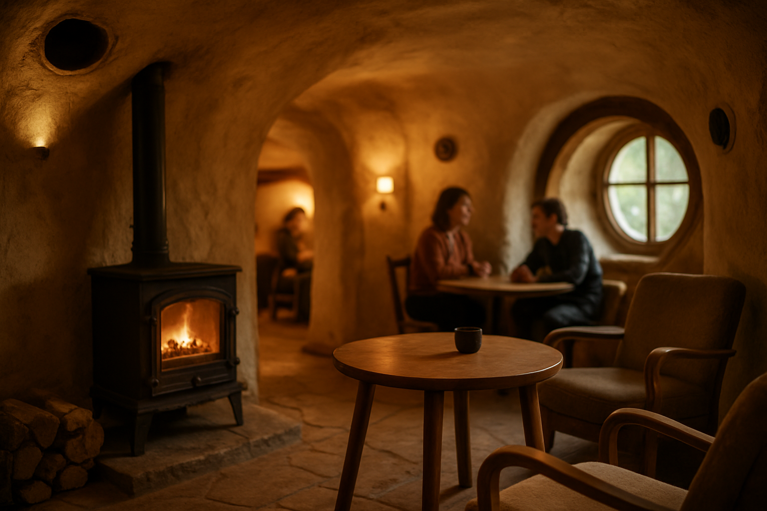 Intérieur cosy d’une maison hobbit : chauffage, ventilation et coin repas, lumière chaude