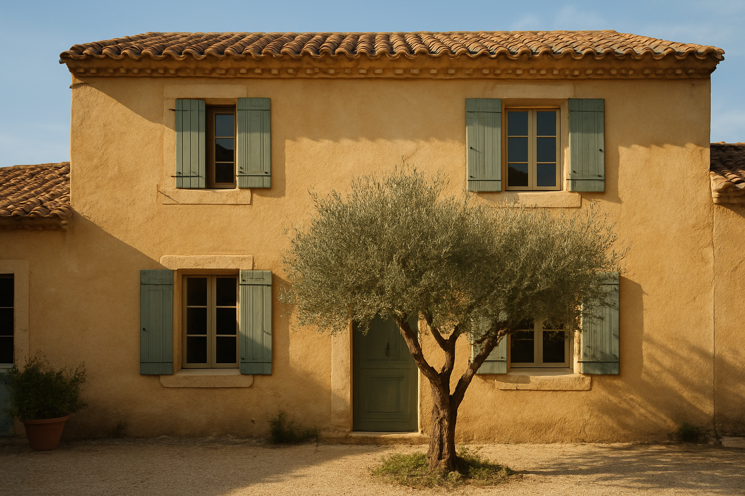 Façade d’une maison provencale avec enduit clair, volets en bois et tuiles anciennes sous le soleil de Provence